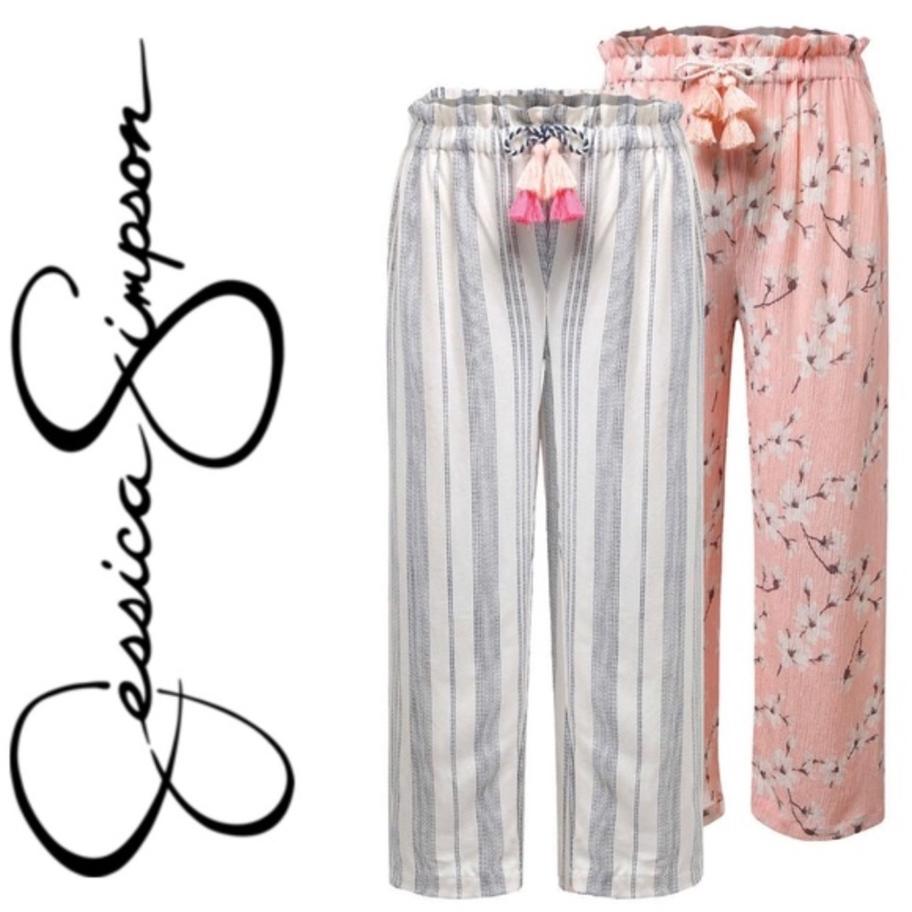 Jessica Simpson Pants 2-Pack Navy Stripes & Peach Floral Paper Bag Tassels Tie